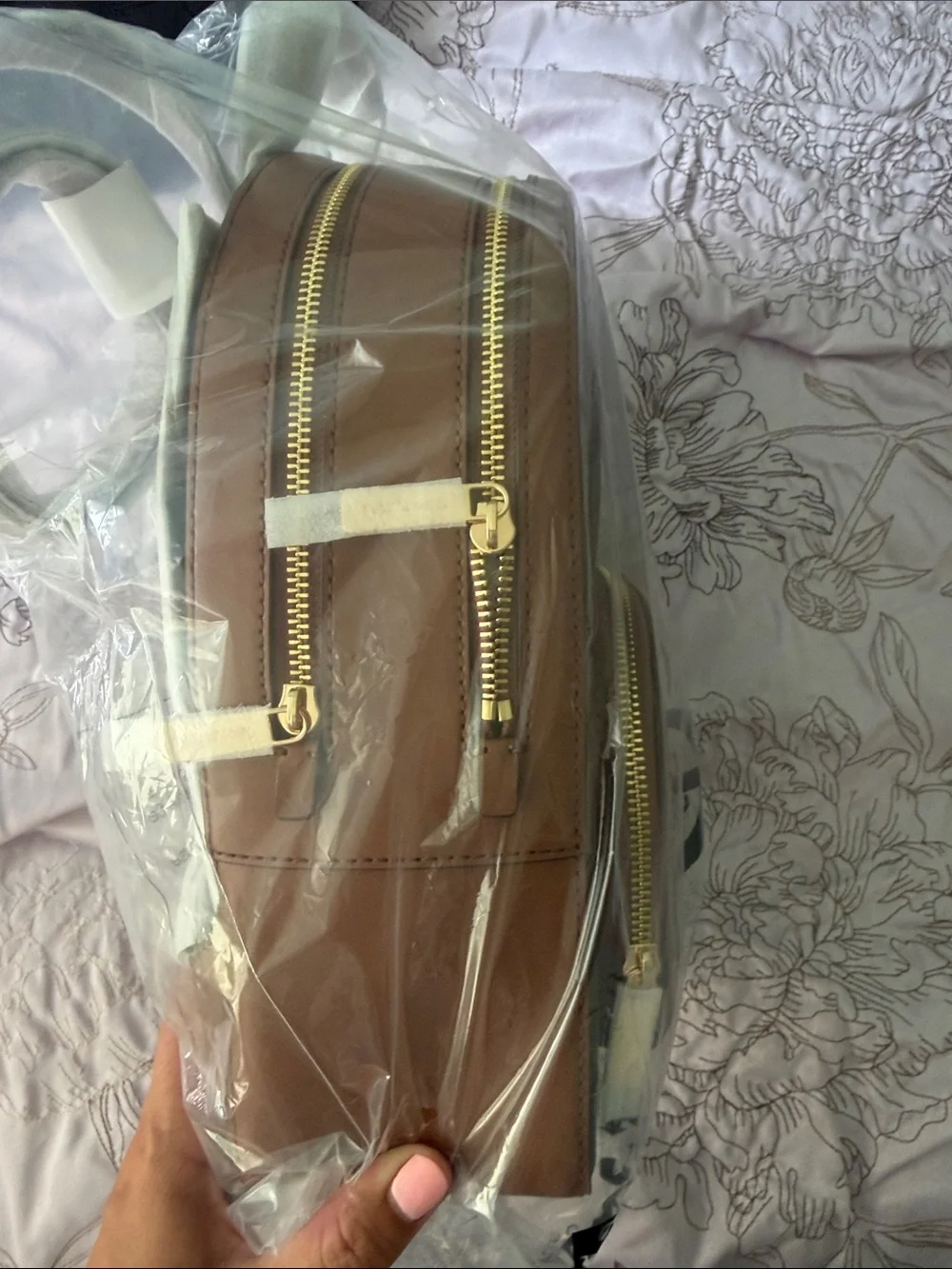 Michael Kors Brown Monogram Backpack with Tan Trim and Gold Hardware
